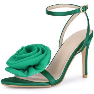 Satin Rose Flower Stiletto High Heel Slingback Heeled Sandals Dark Green